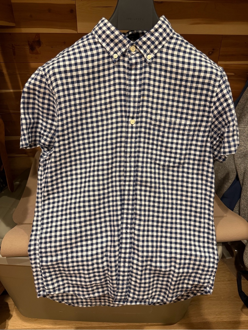 J. Crew - Navy and White Gingham Button-Down Short Sleeve Shirt - Linen
